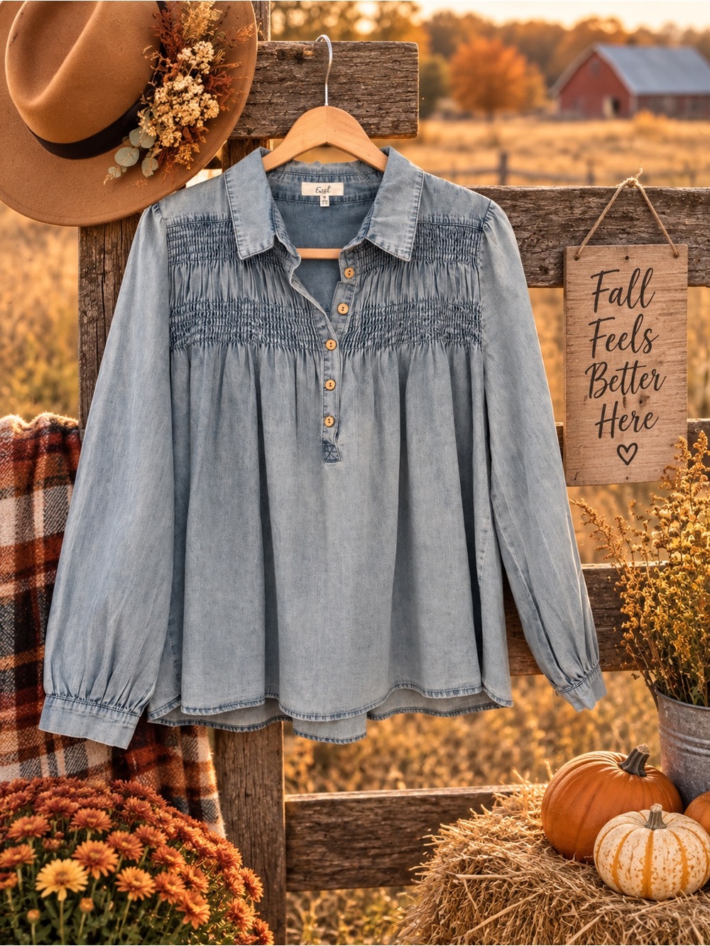 easel Light Blue Smocked Denim Blouse